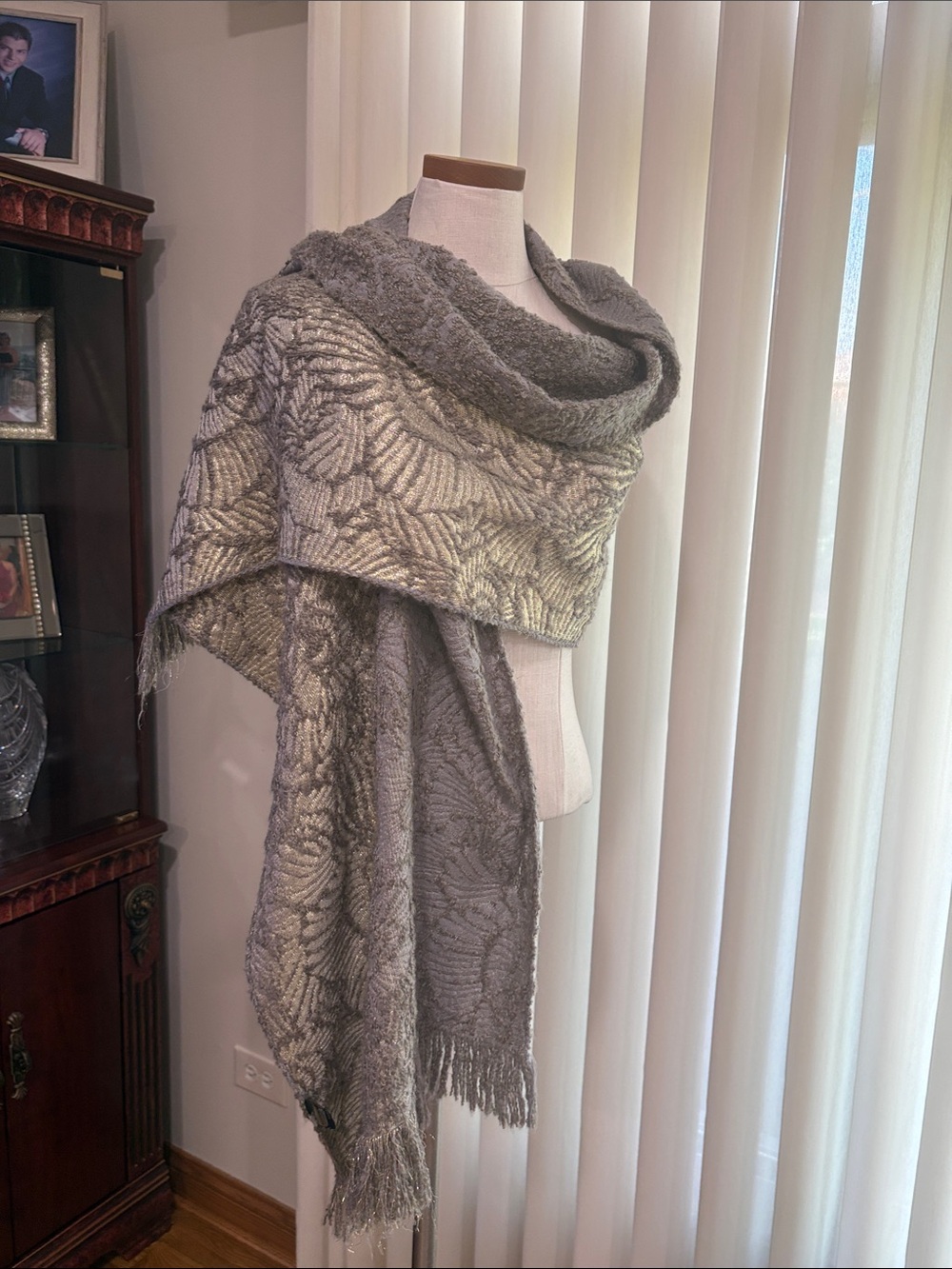 Textured metallic gold gray floral textured pattern Fringe Shawl Wrap